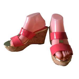 MARC FISHER CORAL/METALLIC GOLD WEDGE SANDALS 9M